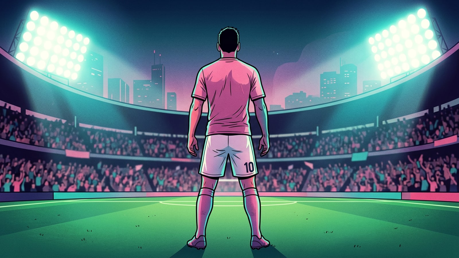 Wide shot of a soccer player in a pink uniform on a night pitch under stadium floodlights.