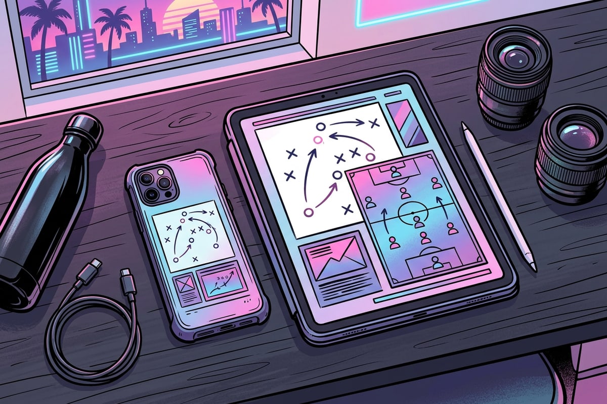 Overhead layout of a digital creator desk with tablets showing sports tactics diagrams.