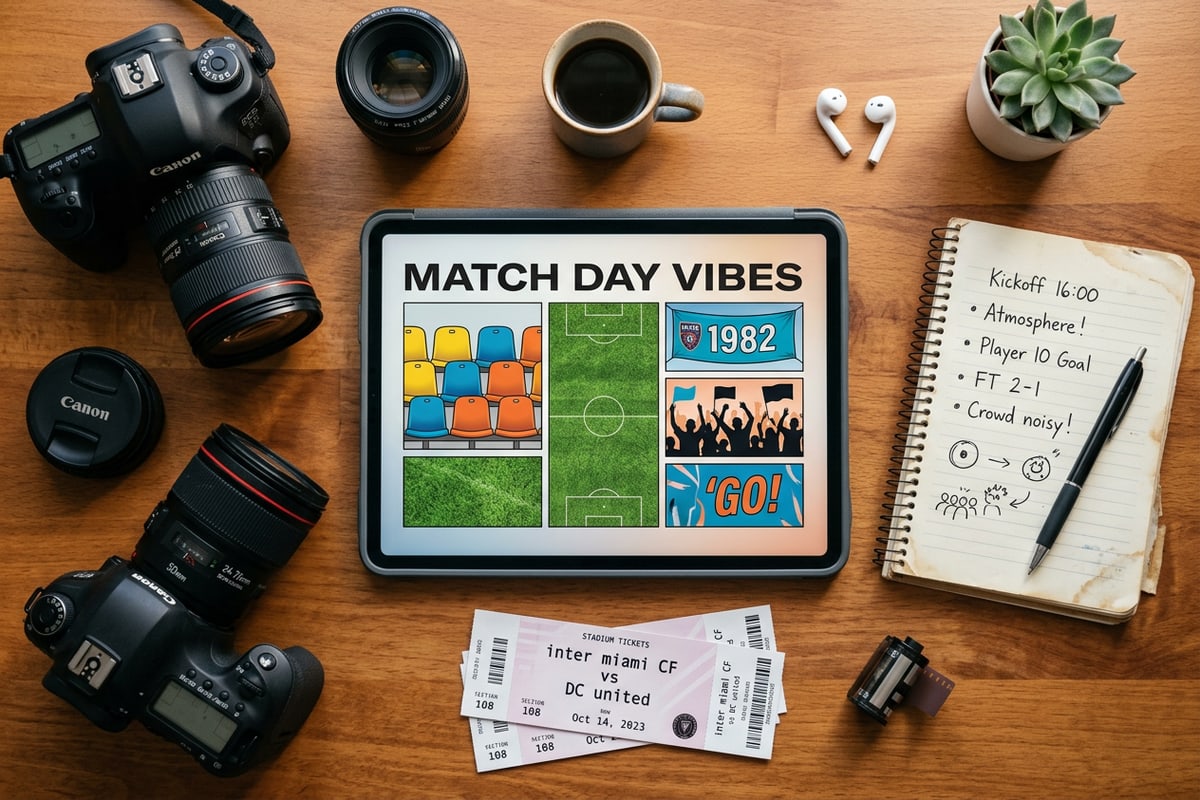 Top-down view of a tablet displaying a visual stadium story layout on a wooden creative desk.