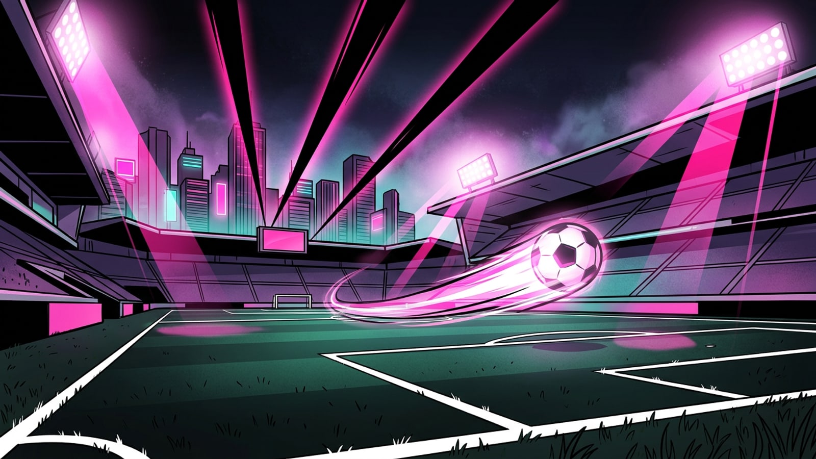 Artistic 3D rendering of a night soccer stadium illuminated by floodlights and vibrant lights.