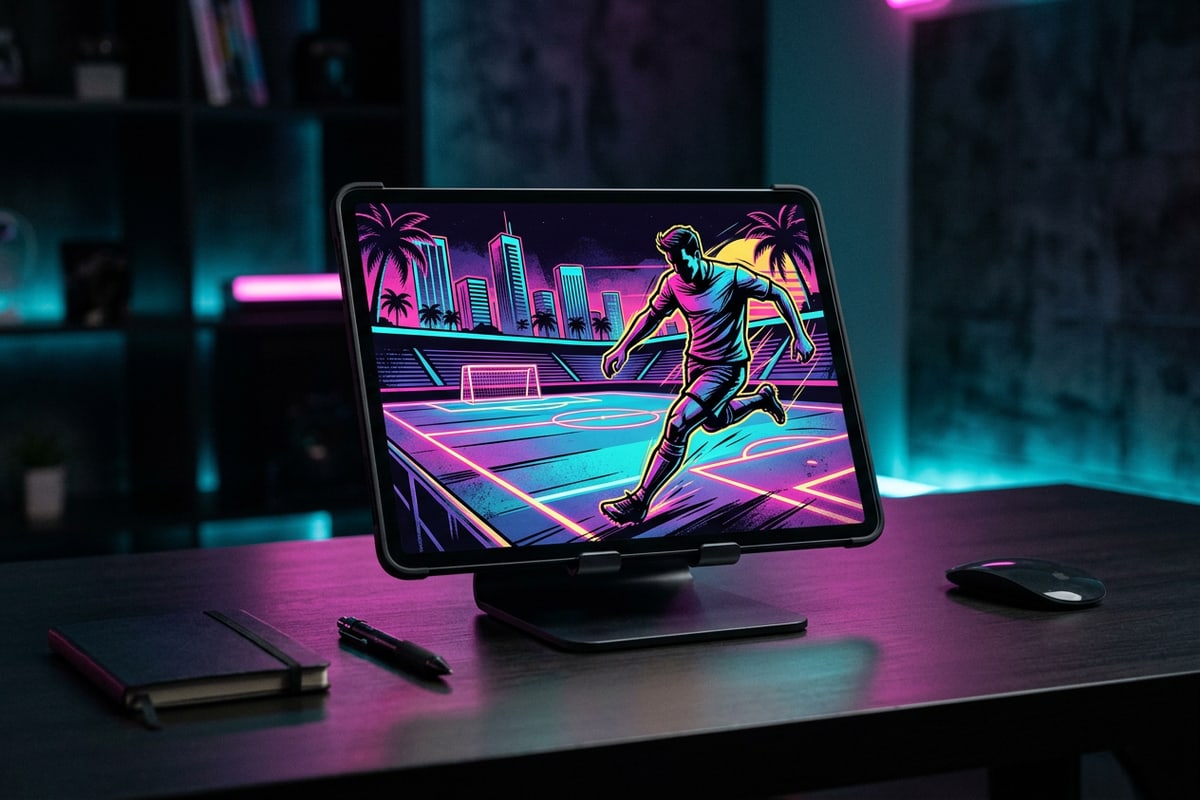 Minimalist workspace desk with a tablet showing an abstract football graphic.