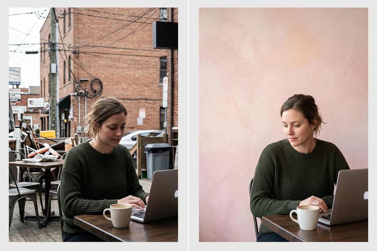 Side-by-side visual demonstrating background cleanup from a cluttered cafe shot to a minimalist background.