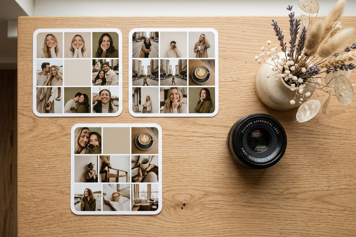 Flat lay showing three printed multi-photo collage cards with balanced neutral grid layouts on a wood desk.