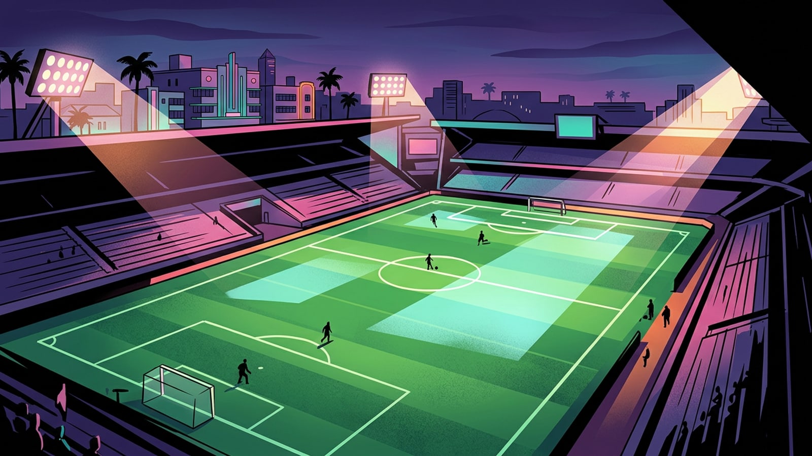 Dramatic wide-angle photo of a modern illuminated football stadium during an evening match