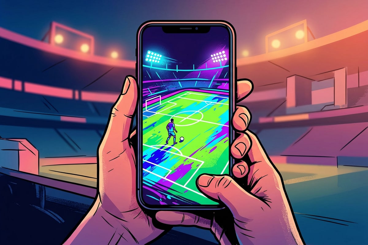 Hand holding a smartphone displaying a football photo edit inside a stadium
