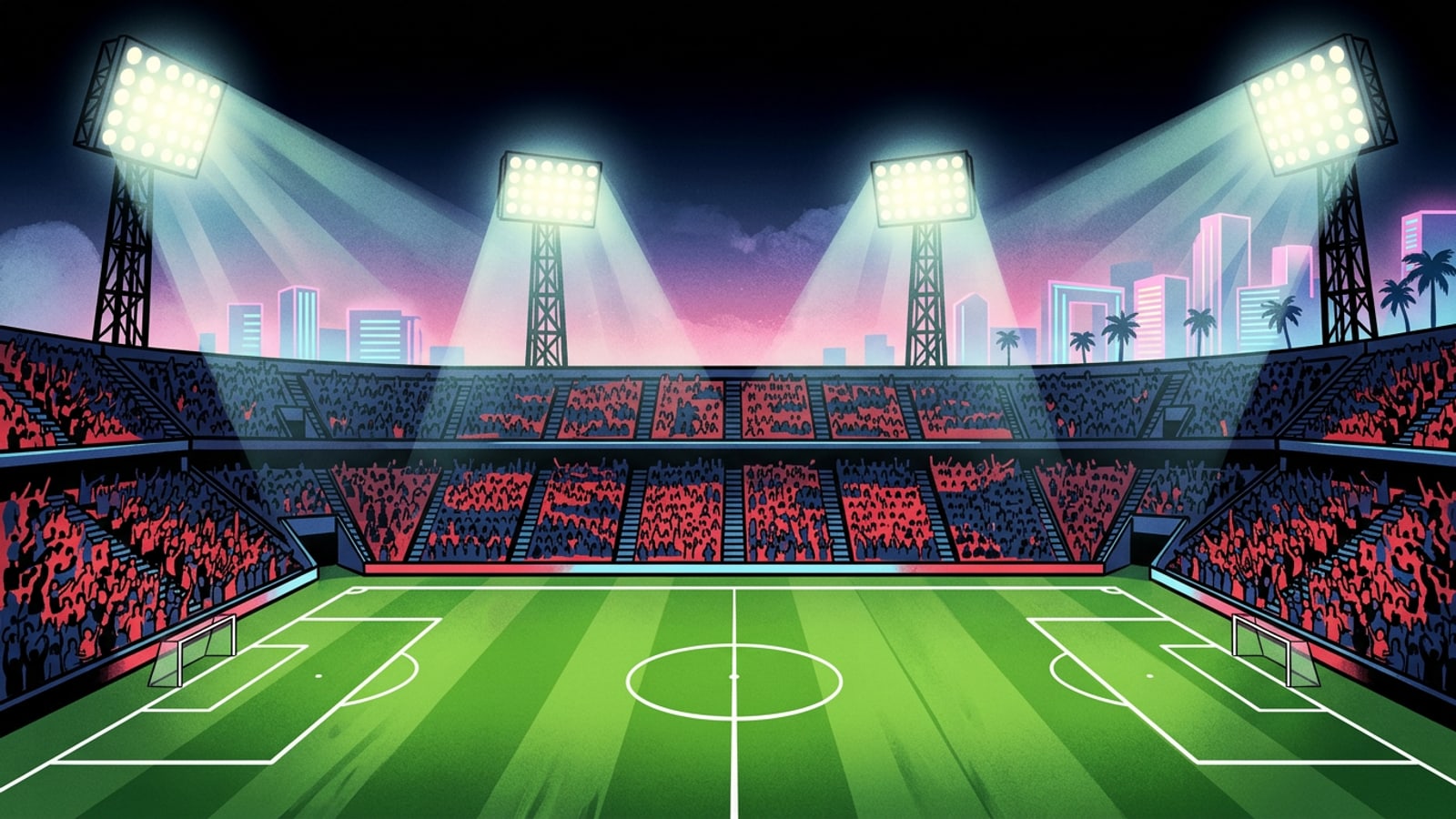 Wide-angle view of an illuminated football stadium pitch during a high-profile night match.