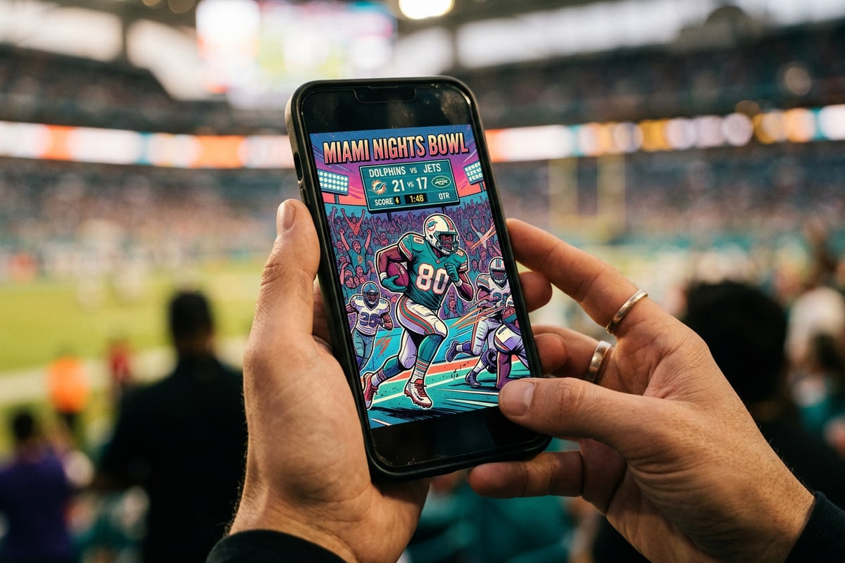 Hands holding a mobile phone displaying a customized sports graphic in front of stadium lights.