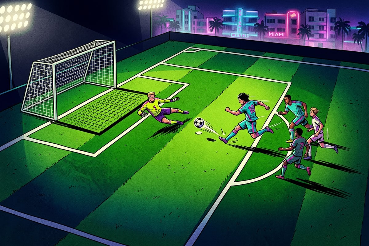 High-angle illuminated football pitch section highlighting strategic penalty area positioning.
