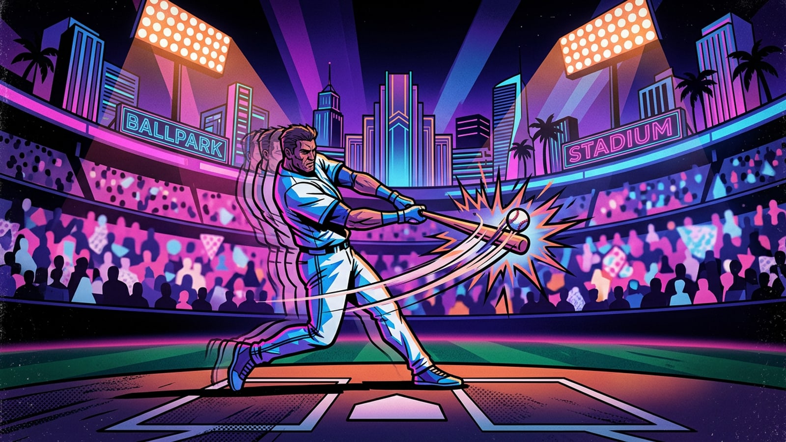Dynamic wide-angle photo of a baseball player mid-swing under bright stadium floodlights at night.