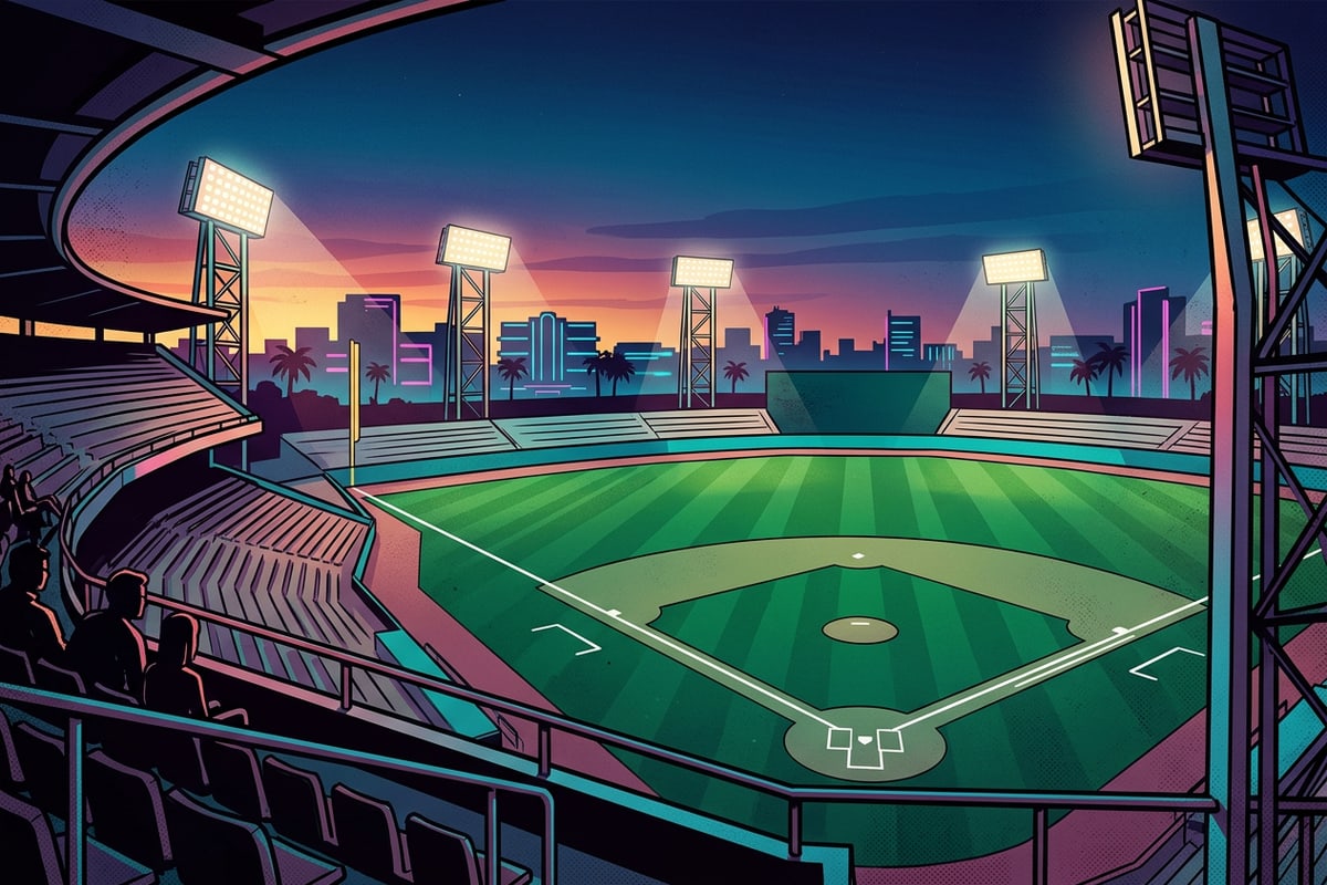 Twilight view over an illuminated baseball diamond from high in stadium seats.