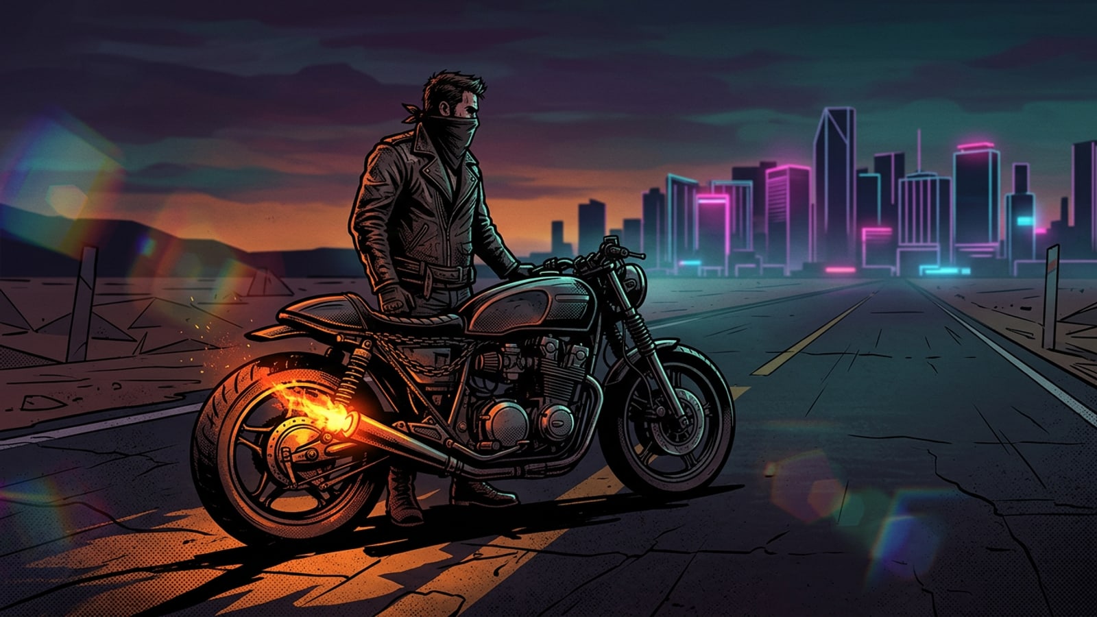 Um motociclista em pé ao lado de uma moto vintage brilhante em uma estrada no deserto ao entardecer.