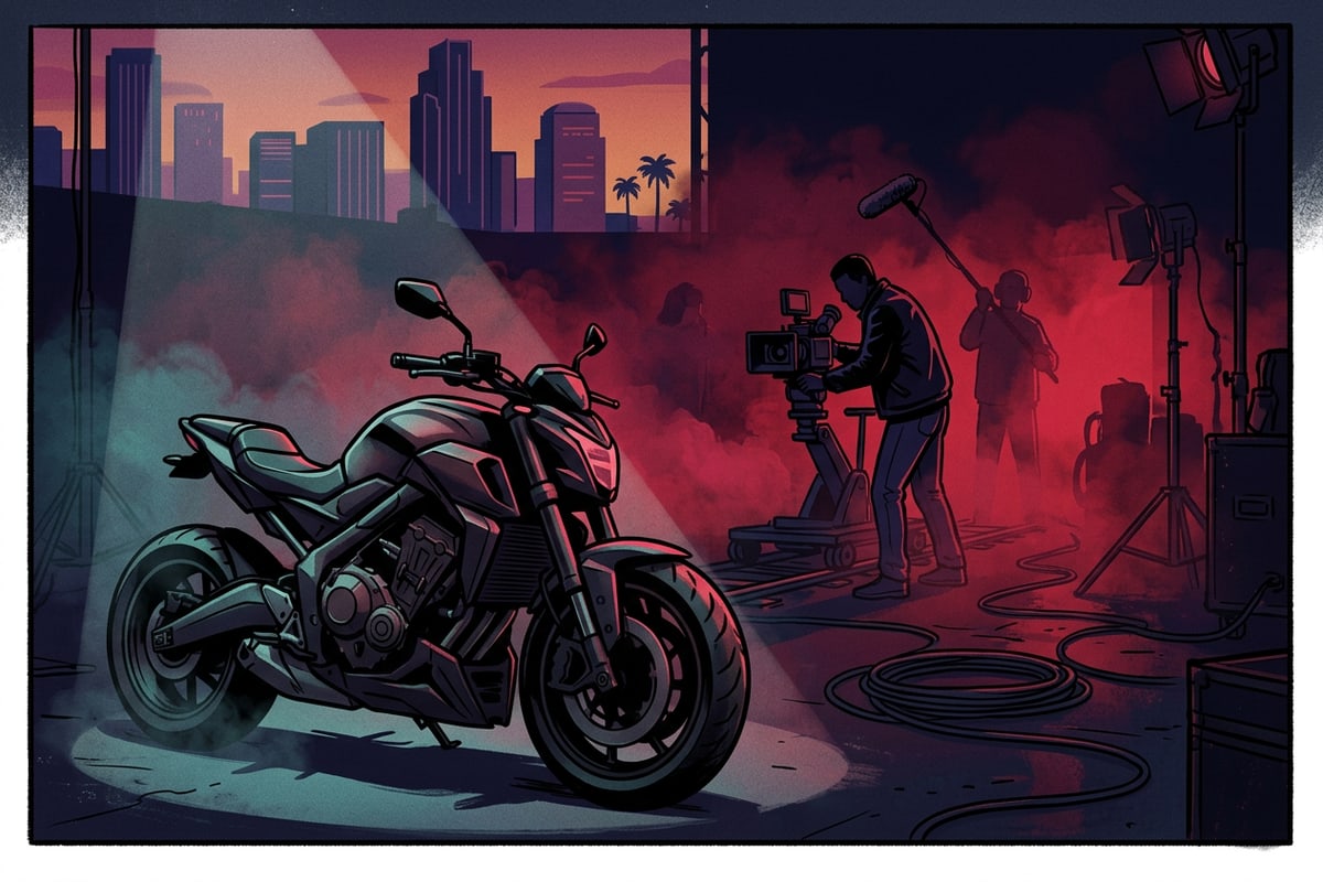 A dramatic film set featuring a motorcycle under moody spotlights and red backlight.