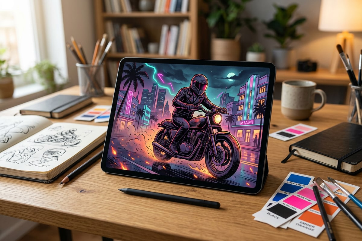 A digital tablet displaying a stylized motorcycle rider concept sketch on a wooden artist desk.
