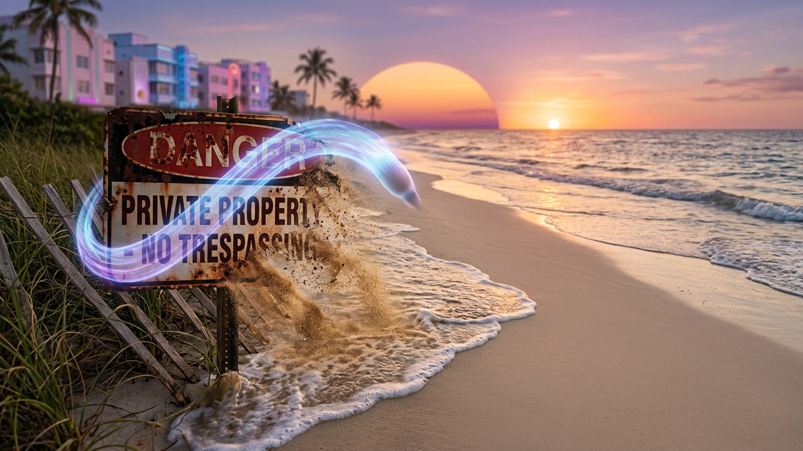 A beach sunset photo showing a magic brush removing a distracting sign from the sand.