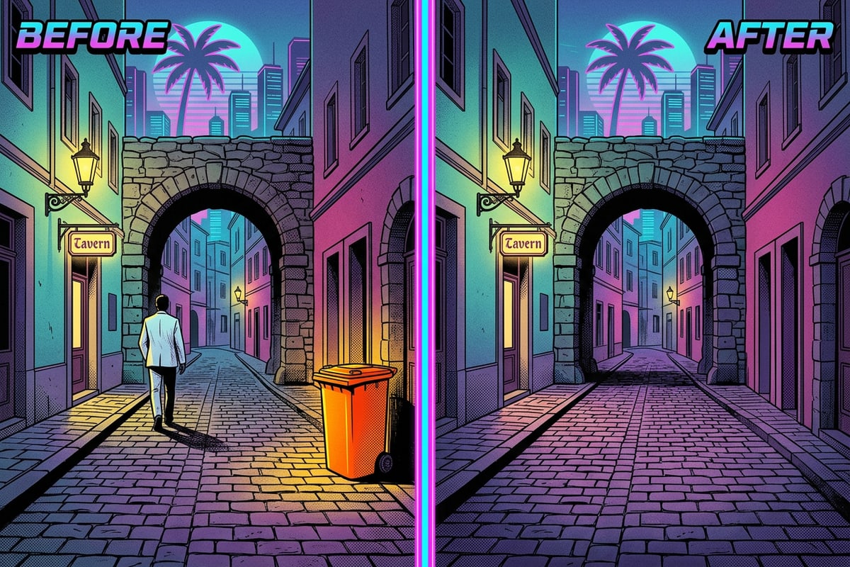 Before and after comparison of a cobblestone street with a trash can removed by AI.