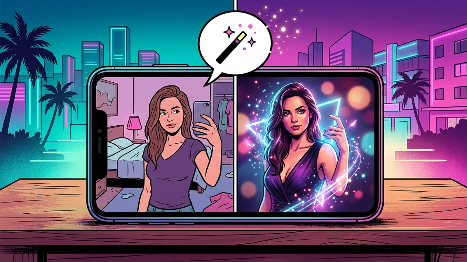 A split screen showing a before and after transformation of a photo being edited by an AI agent on a smartphone.