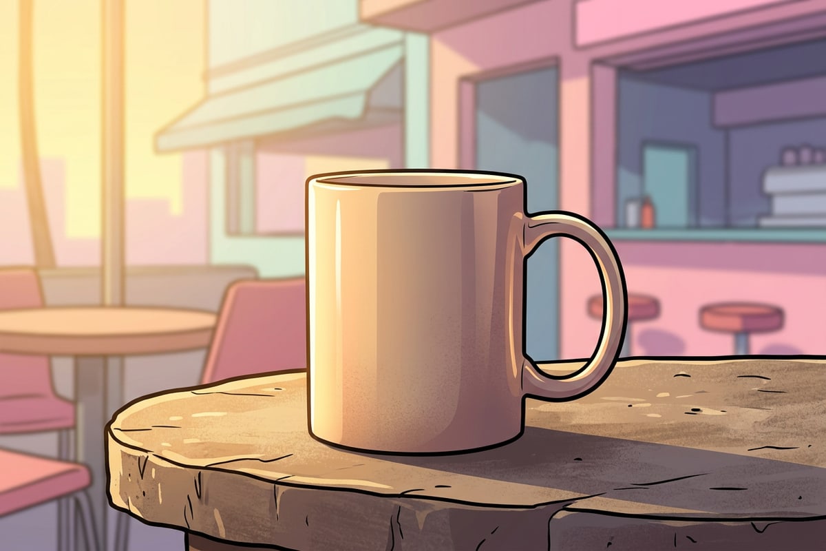 Vertical product shot of a coffee mug on stone table with extended warm open-air background.