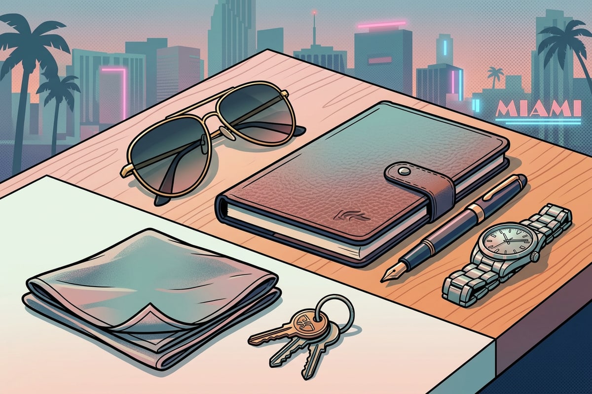 Minimalist flat-lay product arrangement on clean wooden desk surface.