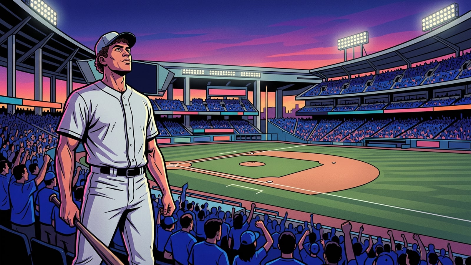 Wide-angle cinematic view of a illuminated baseball stadium at dusk with a left-handed batter looking toward the stands.