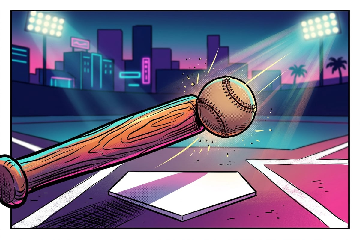 Close-up high-speed sports photograph of a baseball bat hitting a leather ball under stadium lights.