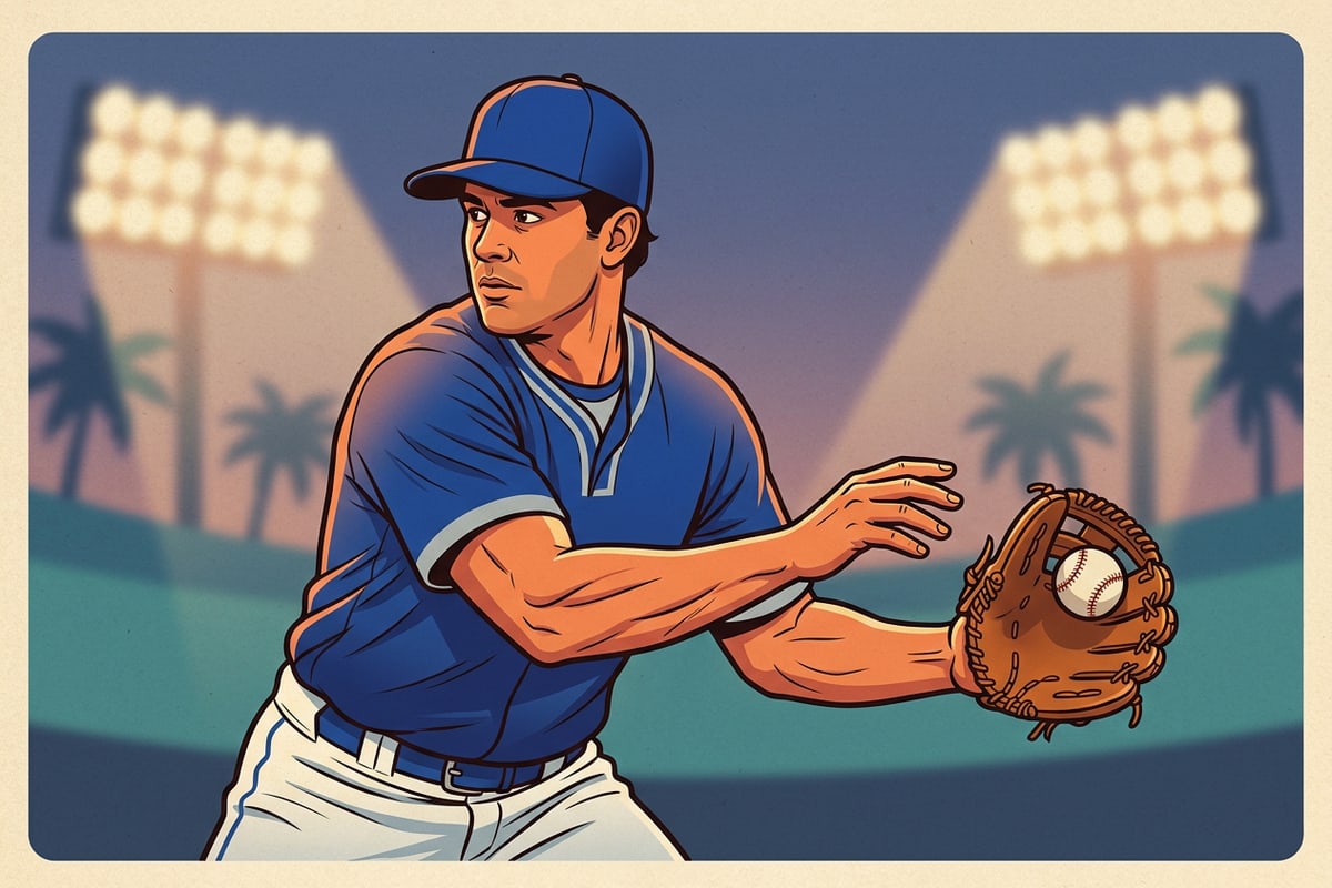 Vintage matte sports card style portrait of a baseball player in a royal blue cap.