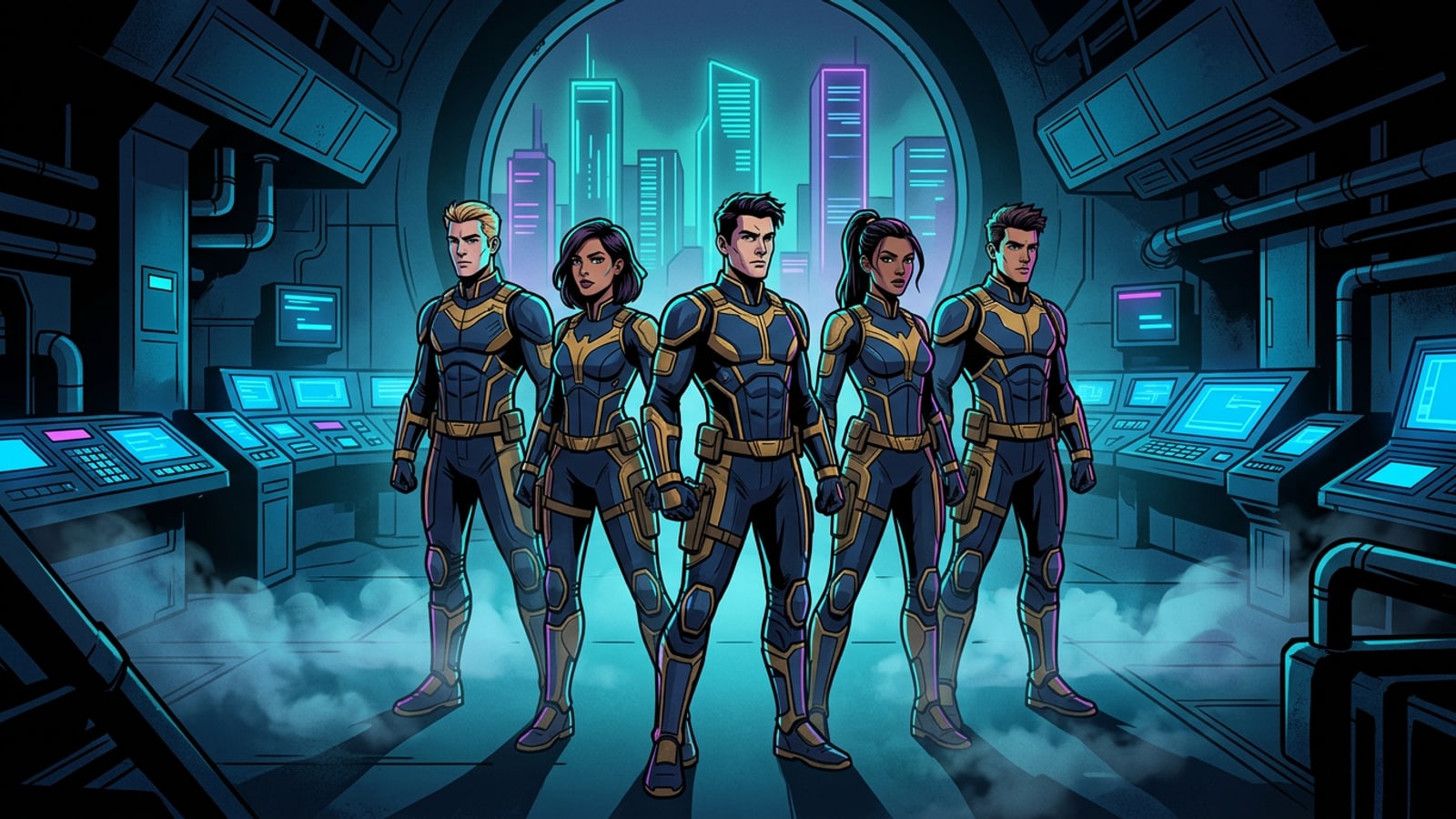 Cinematic group portrait of superhero team members standing in a futuristic glowing control room.