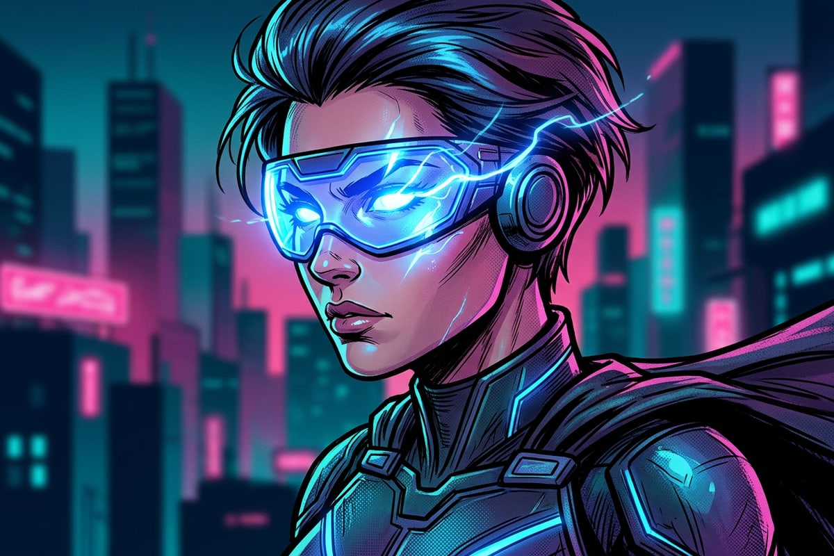 Close-up superhero portrait featuring glowing sapphire visor illumination.