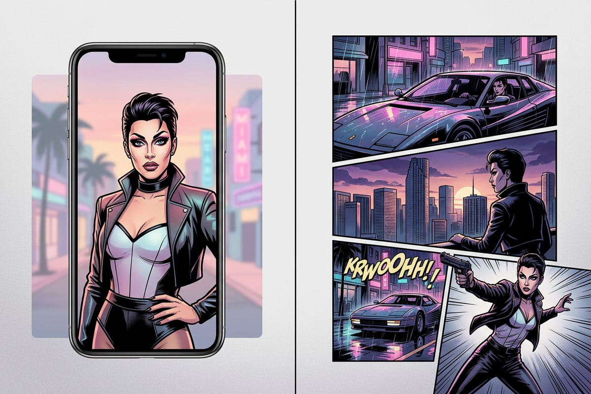 Visual split-screen comparing a mobile camera portrait to a multi-panel comic book transformation.