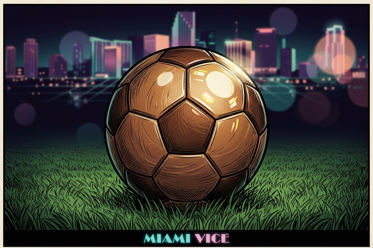Close-up photograph of a soccer ball on grass beneath stadium lights.