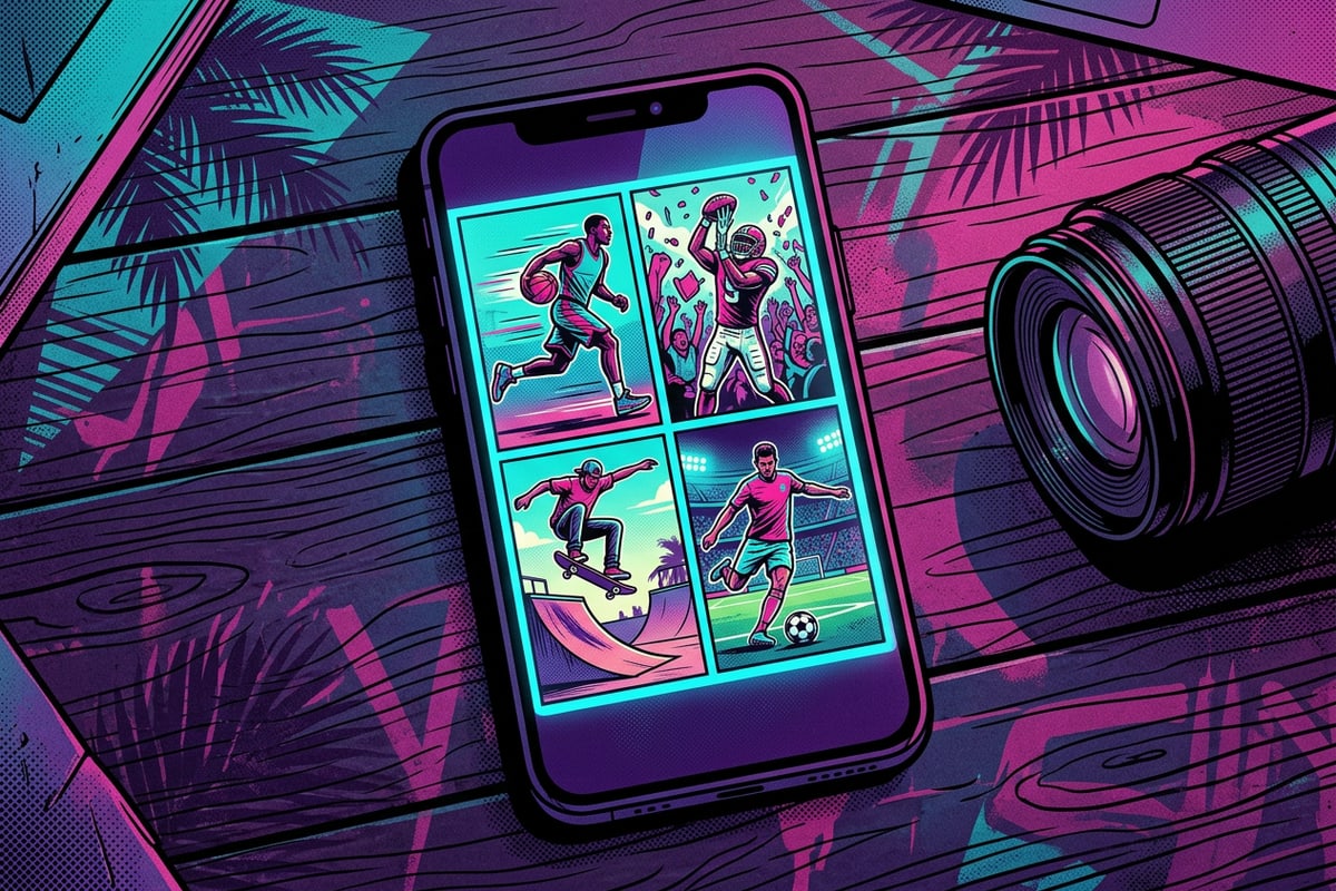 Smartphone on a desk displaying a multi-photo sports collage layout.