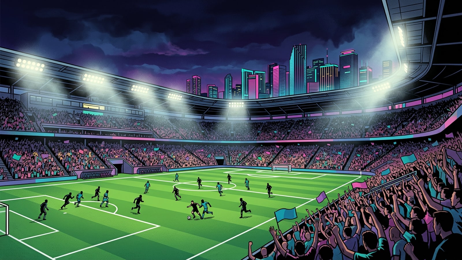 Wide view of a brightly lit soccer stadium at night with emerald pitch and cheering fans in the stands.