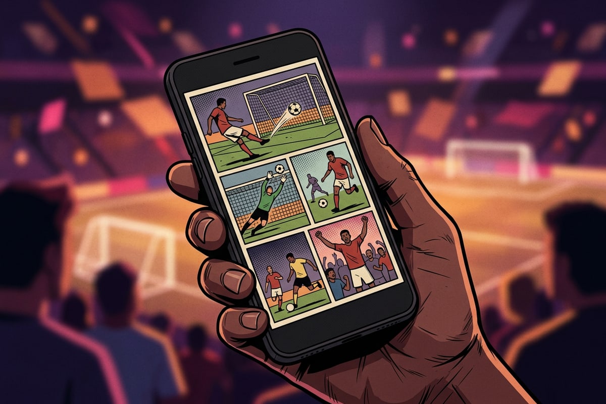 A smartphone showing a clean photo collage layout against a soft stadium bokeh background.