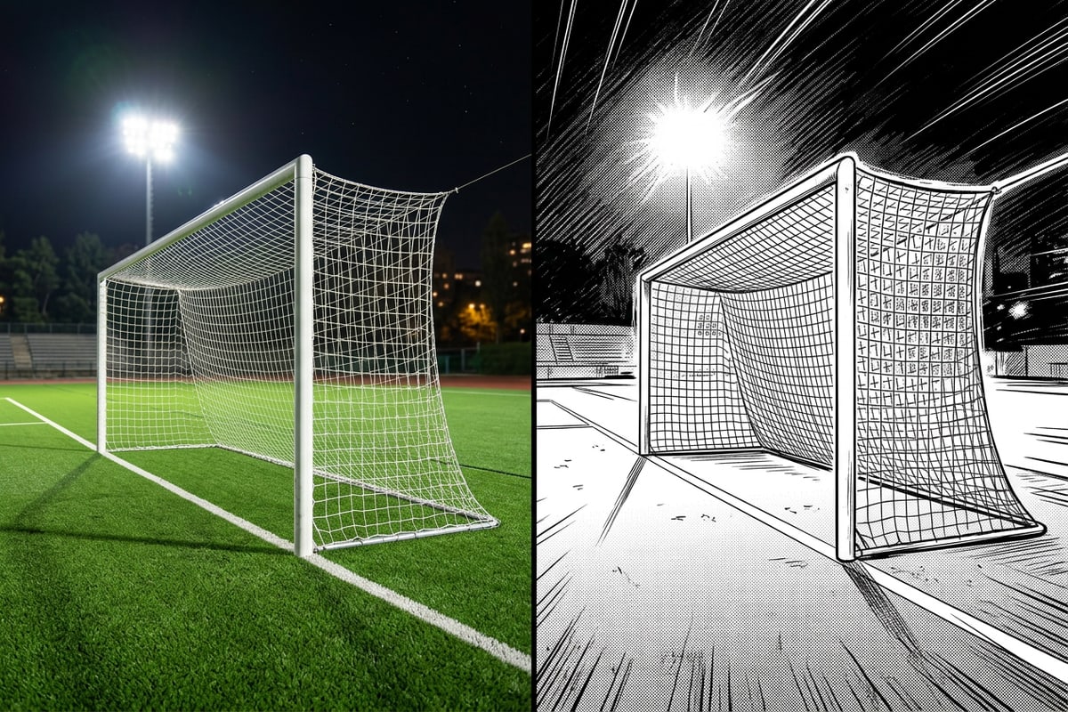 Visual comparison showing a realistic stadium shot next to a manga comic art style rendering.