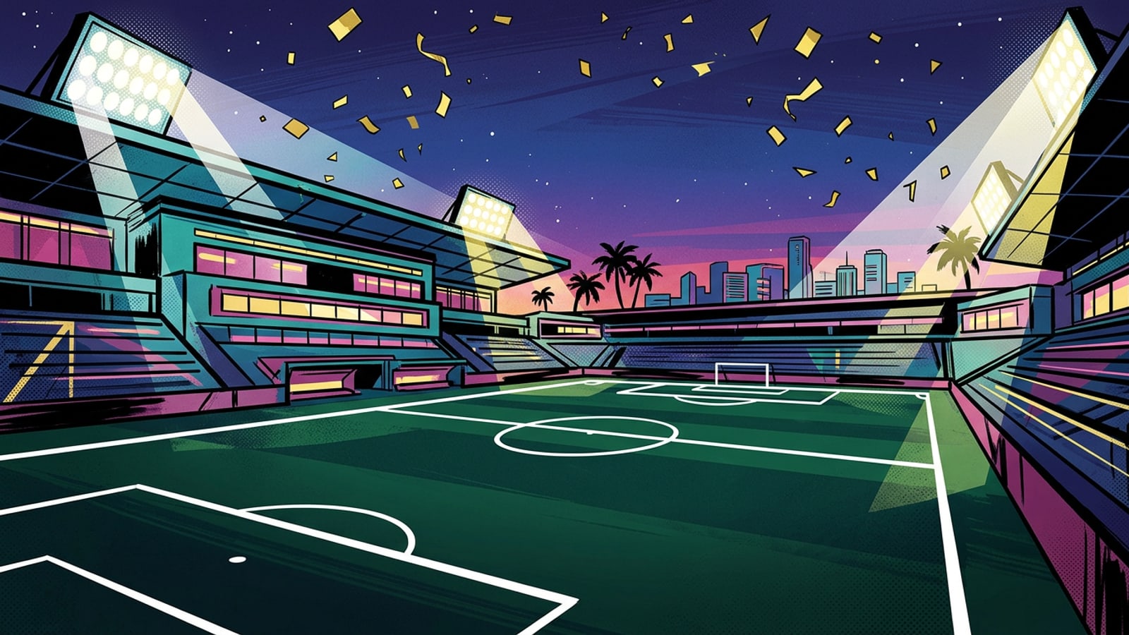 Dynamic view of a floodlit soccer stadium pitch at night with yellow decorative celebration accents.