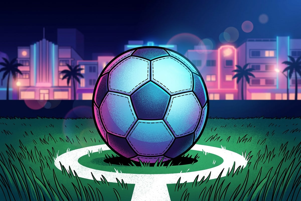 Close-up of a soccer ball on the penalty spot under evening stadium floodlights.
