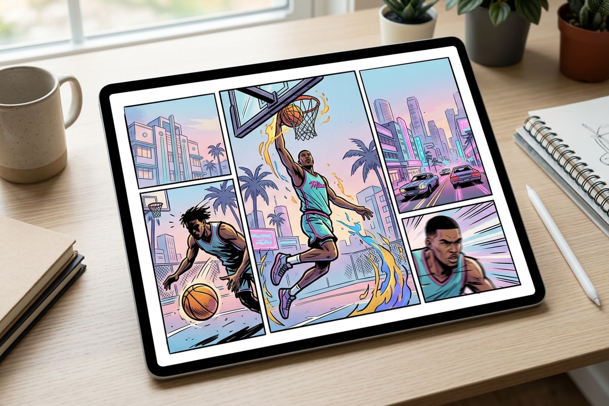 Stylized comic strip panel illustration of a soccer highlight action clip.