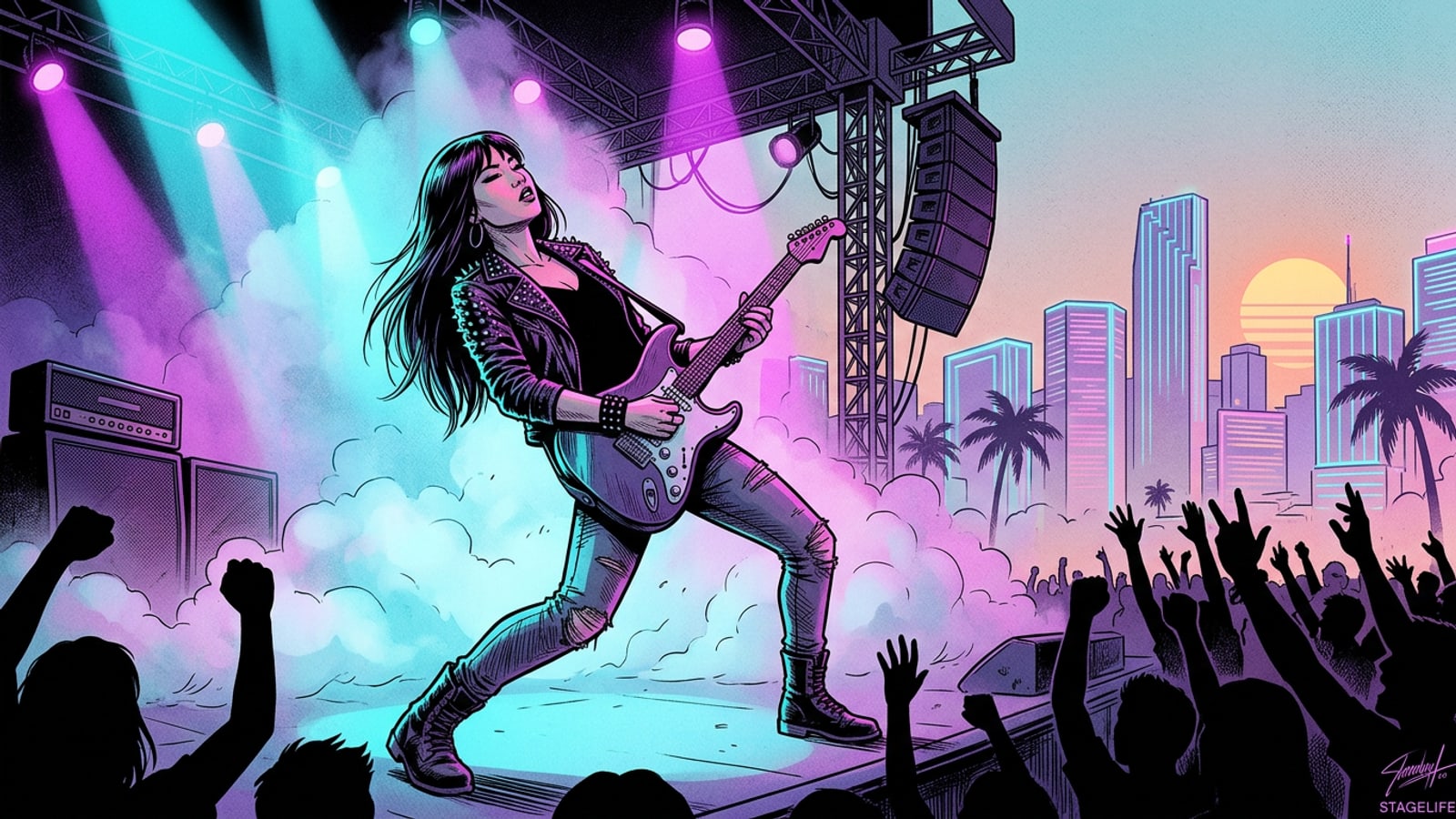 Teenage female rock guitarist performing on a concert stage under purple and cyan spotlights with volumetric haze