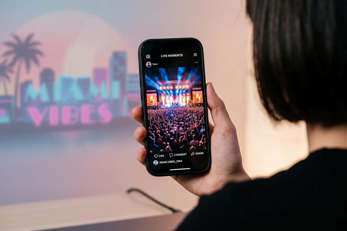 iPhone screen displaying on-device face privacy blurring on a live concert photograph