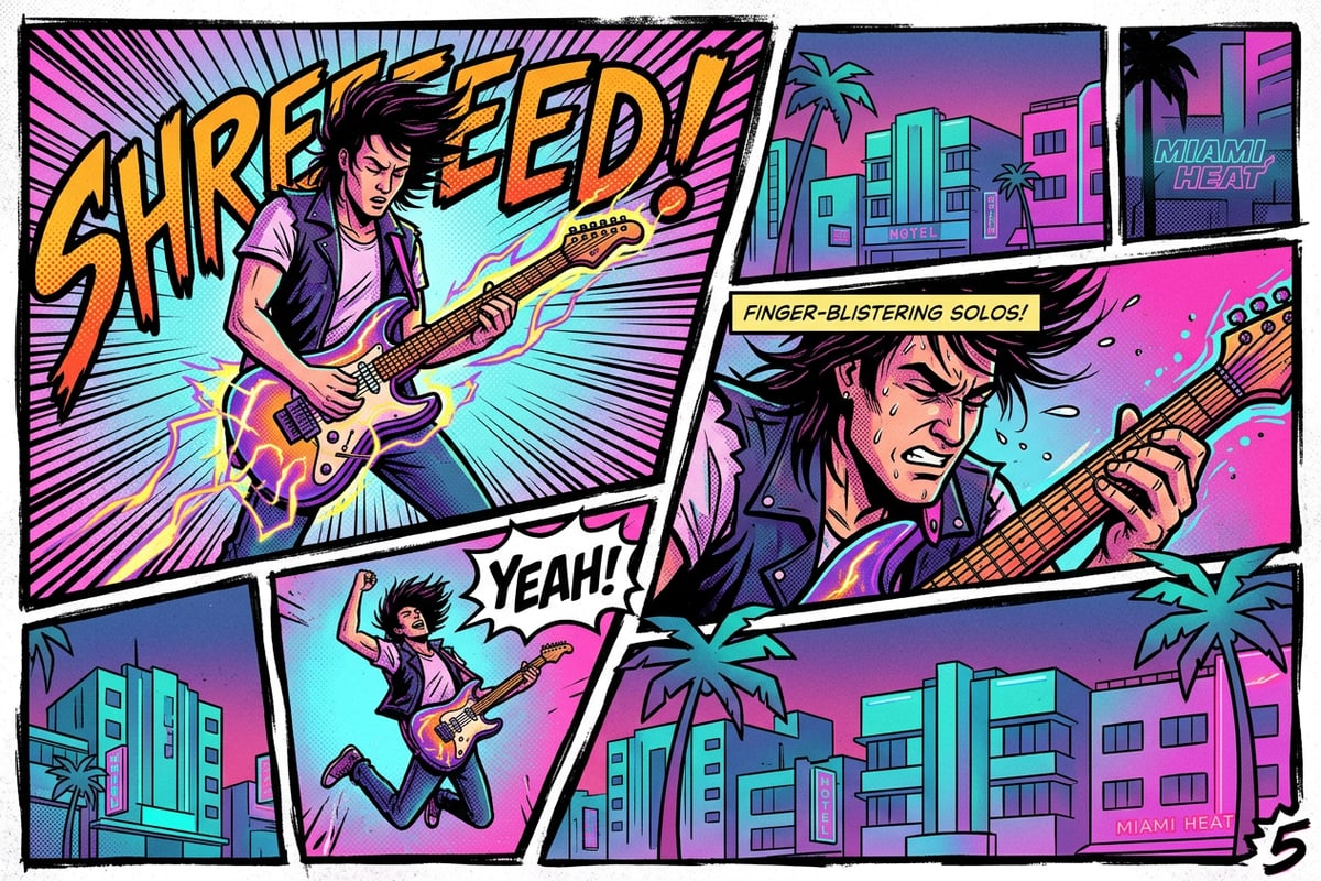 Multi-panel comic book zine layout showing a rock guitarist in dynamic graphic novel art style