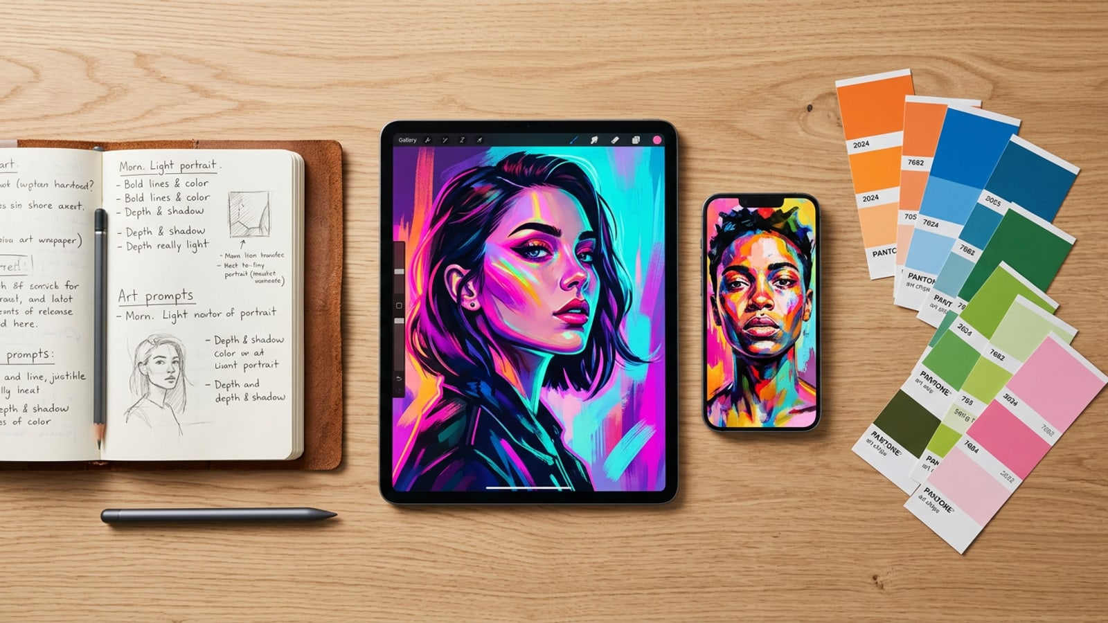 Uma estação de trabalho artística móvel moderna com um iPad e iPhone exibindo artes em IA coloridas ao lado de um diário de anotações de prompts.