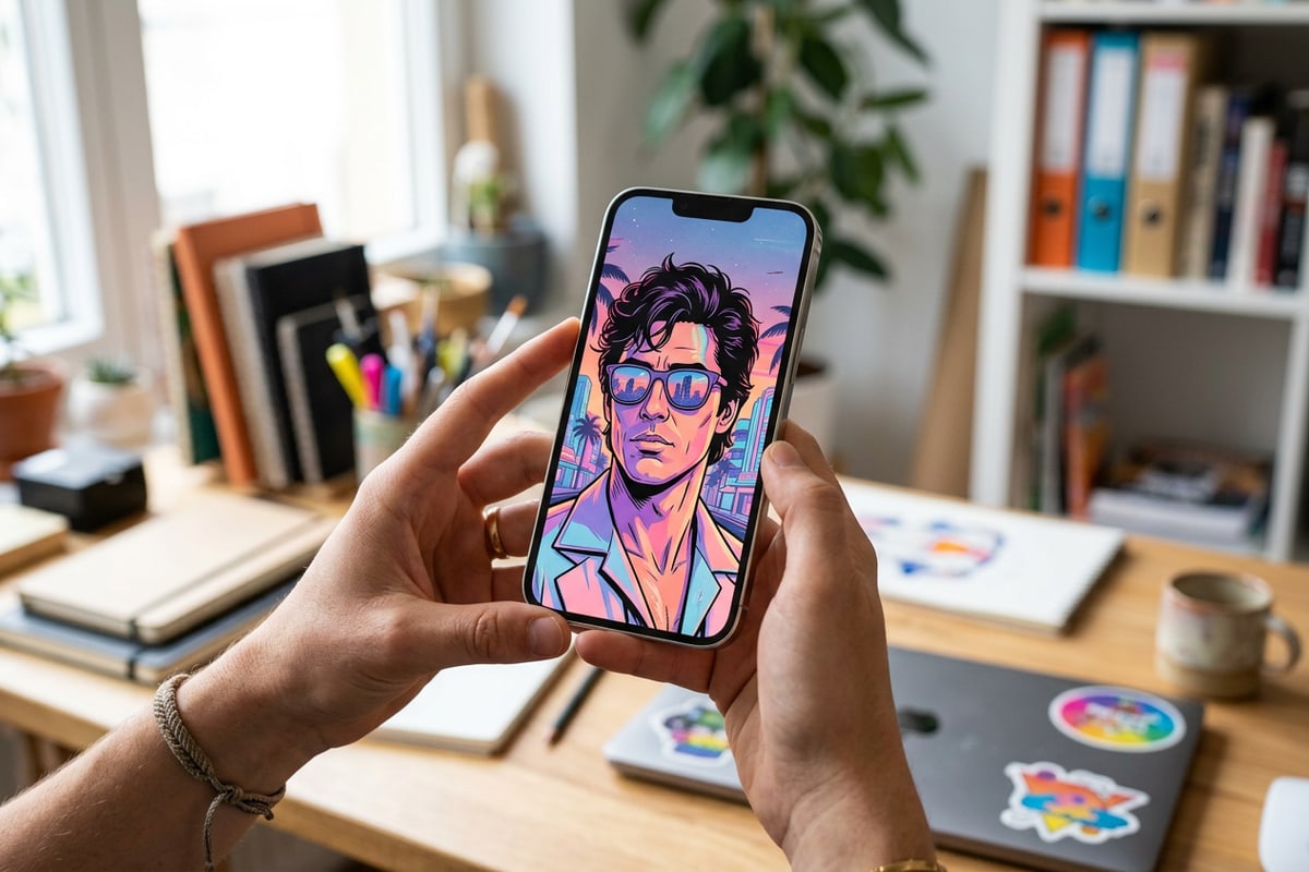 Hands holding an iPhone displaying a completed digital AI portrait edit.