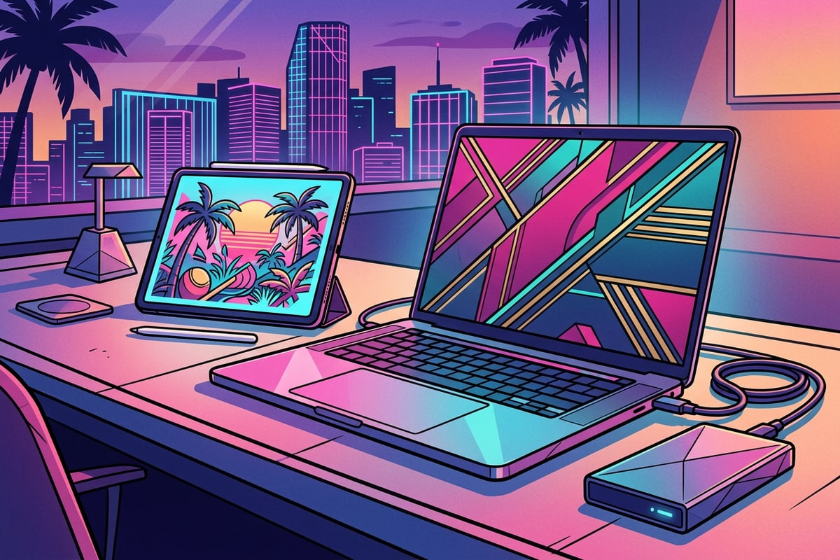 An organized studio desk setup showcasing tablet artwork and external cloud backup storage drives.