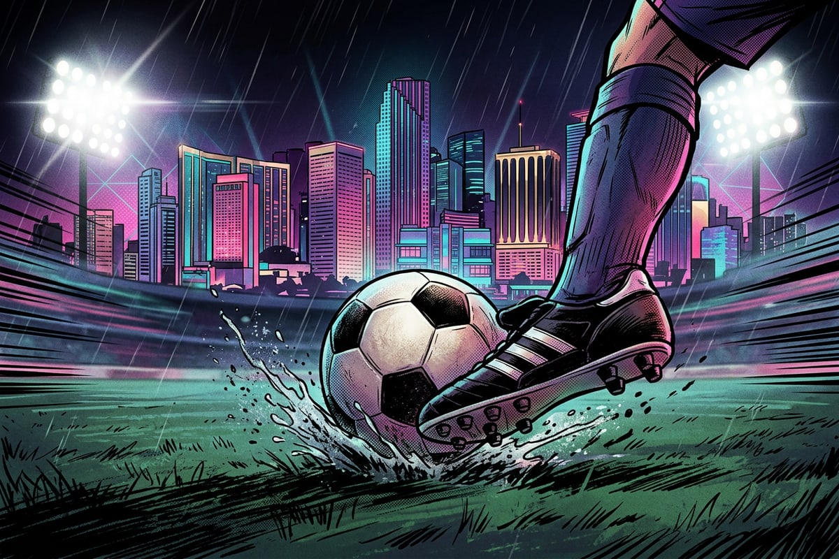 Close-up telephoto photograph of a soccer ball being kicked on a wet grass field.