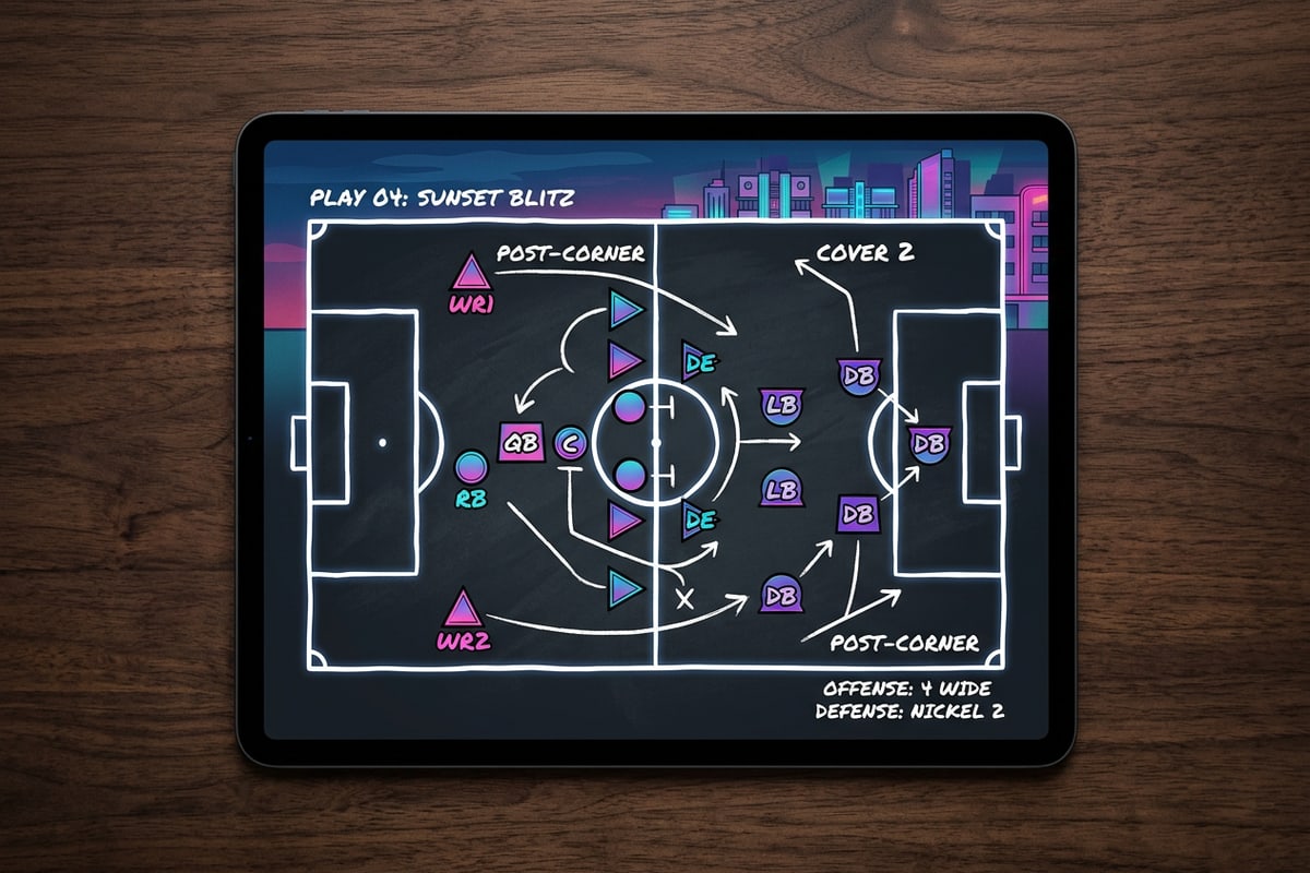 Overhead view of a tablet displaying a football tactical pitch diagram on a wooden surface.