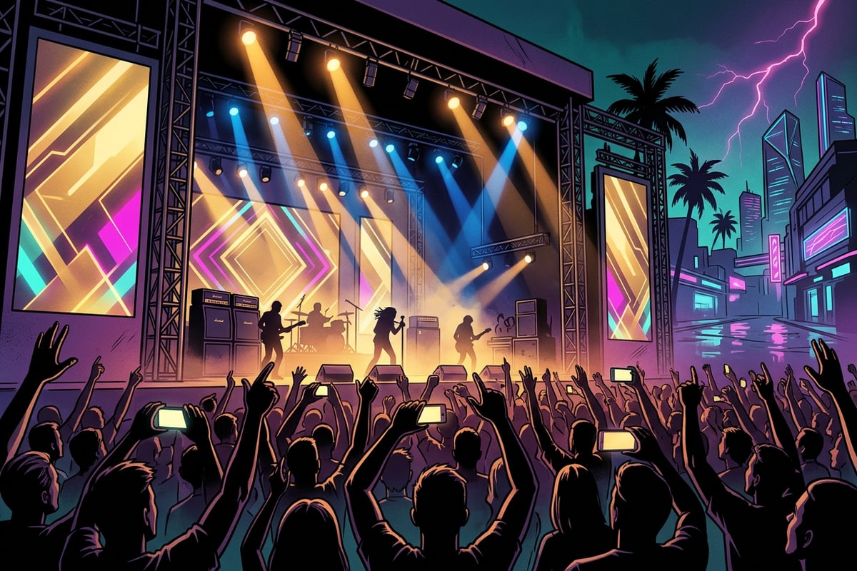 Live music arena crowd enjoying stage lighting and music