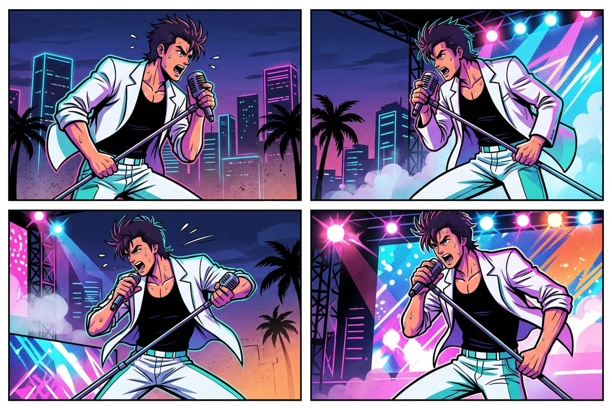 Comic book style visual collage of a live musical performance