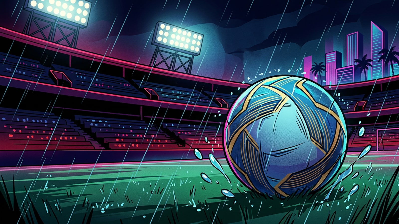 Rain-soaked football pitch and ball under night stadium floodlights during ASEAN Cup match