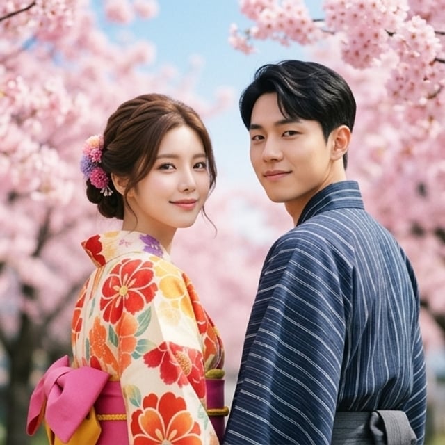 Couple japonais sous les cerisiers en fleurs