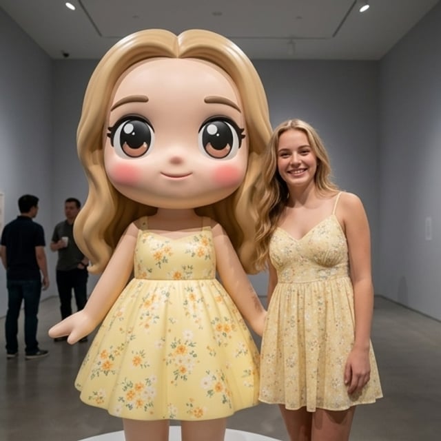Une femme posant à côté d'une figurine géante d'elle-même