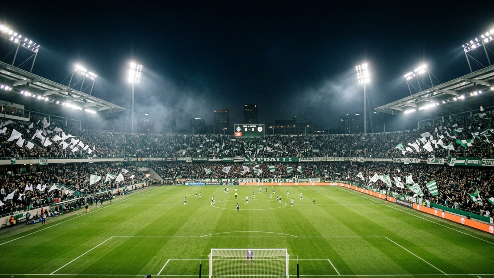 Wide view of a packed football stadium under illuminated night floodlights during a match.